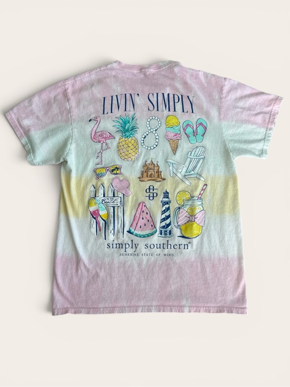 Simply Southern Pastel Tie-Dye "Livin' Simply" Graphic Tee - Pink, Yellow Size M